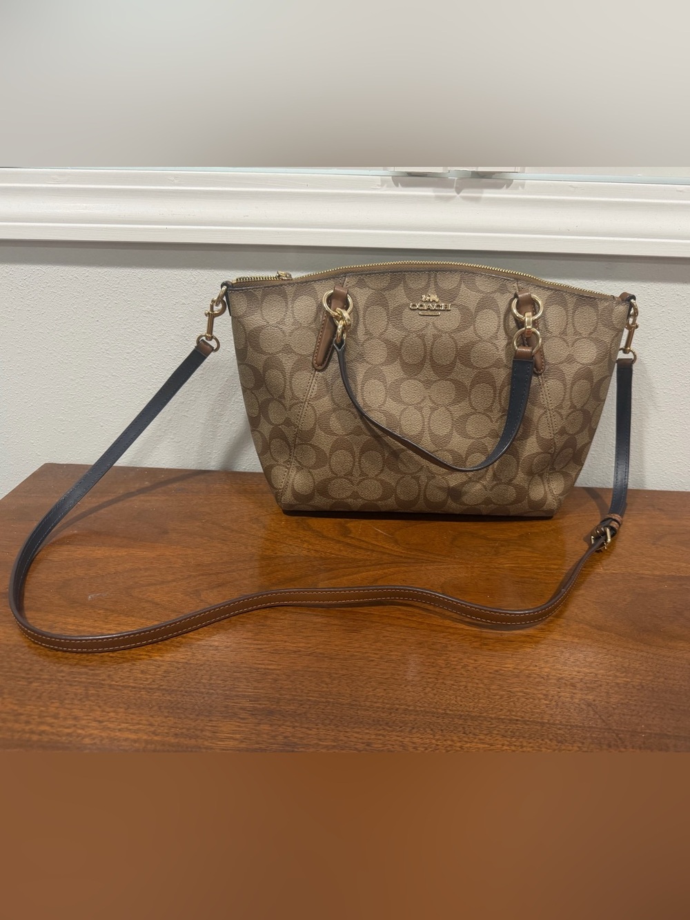 Coach Signature Canvas Shoulder Bag in Tan and Dark Brown